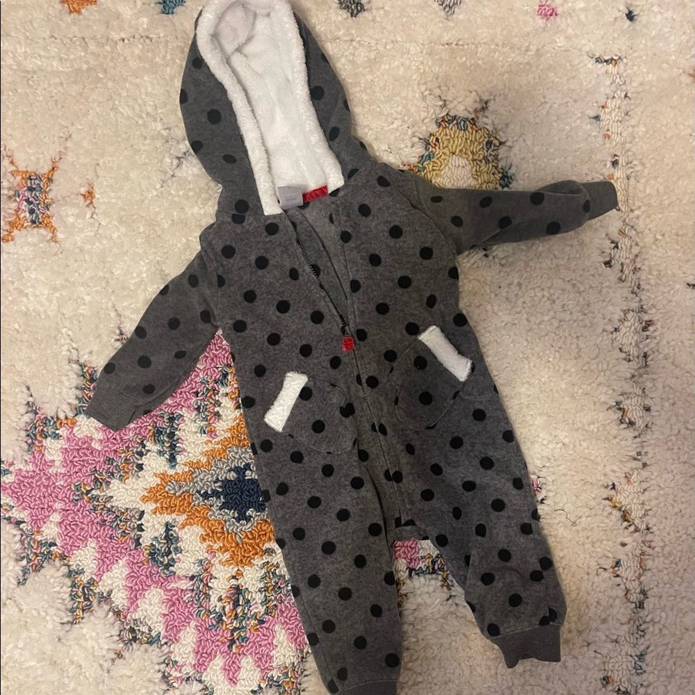 Carters 6M Polka Dot Fleece Zip Up Hooded Onesie
